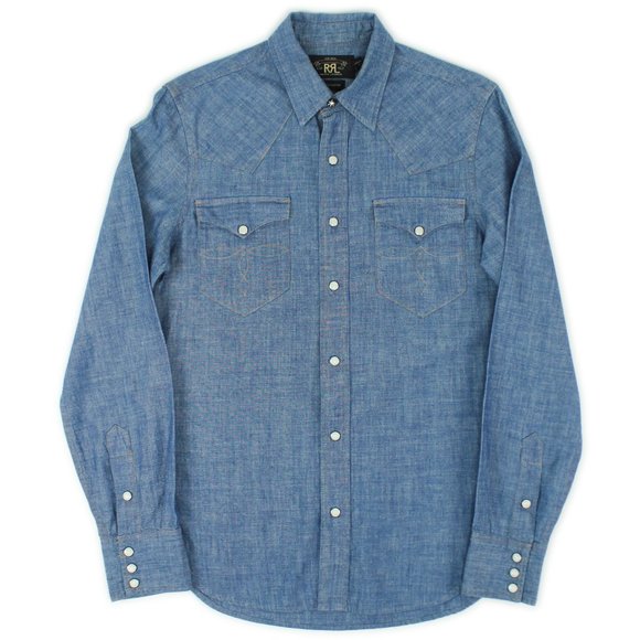 Ralph Lauren Double RL Tops - RRL Double RL Women's Blue Cotton Chambray Pearl Snap Western Cowboy Shirt 3